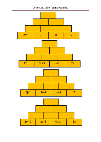 Collecting like terms pyramid worksheet