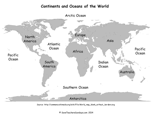 map of the world with continents and oceans labeled Continents And Oceans Ks1 Lesson Plan Activities Teaching map of the world with continents and oceans labeled
