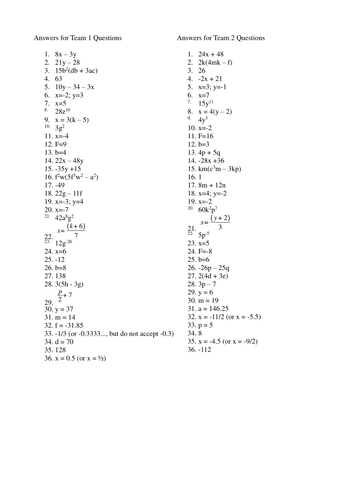 IGCSE Algebra Review Game - Core