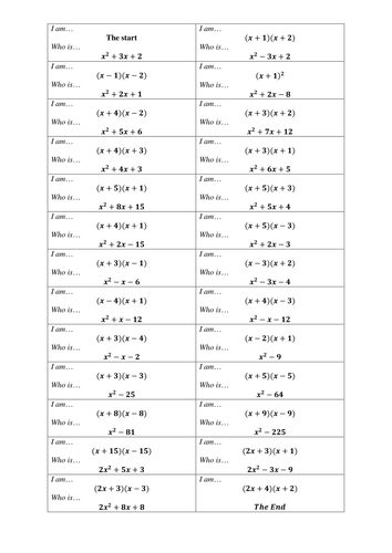 Factorising Quadratics - Follow Me Cards