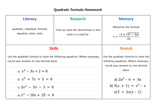 Quadratic formula homework