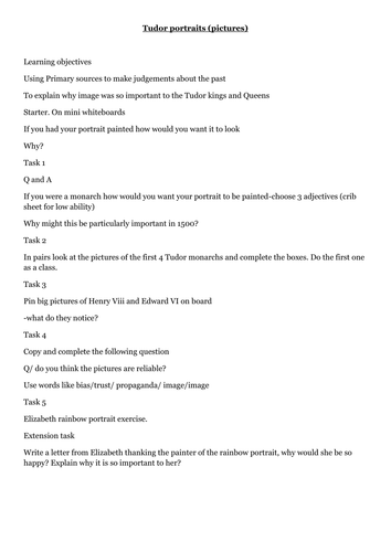 Tudor monarchs portrait lesson | Teaching Resources