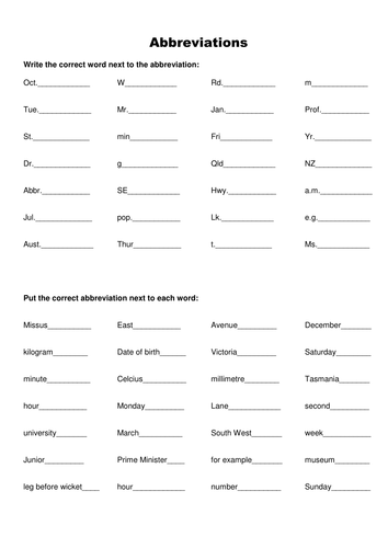 Abbreviations Worksheet | Teaching Resources