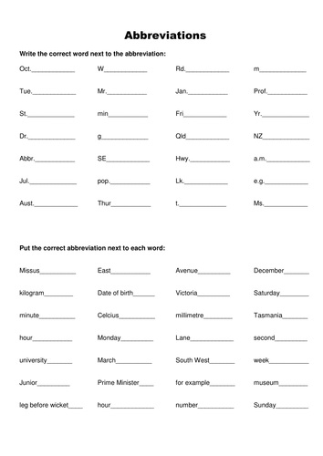 Abbreviations Worksheet