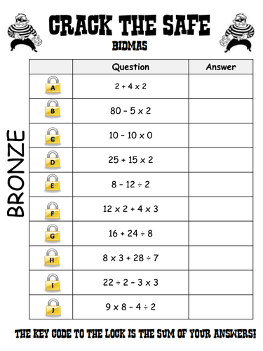 bidmas crack the safe level 4 5grade f e teaching resources