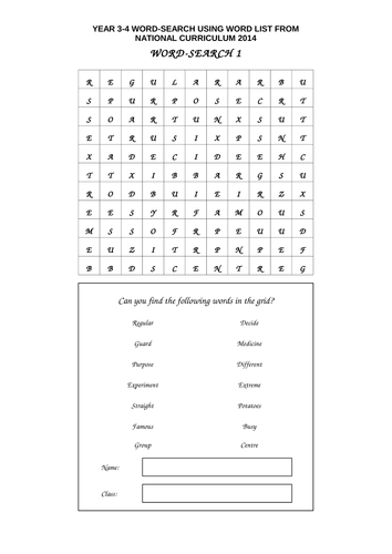 YEAR 3-4 WORD-SEARCH USING WORD LIST FROM NAT CURR