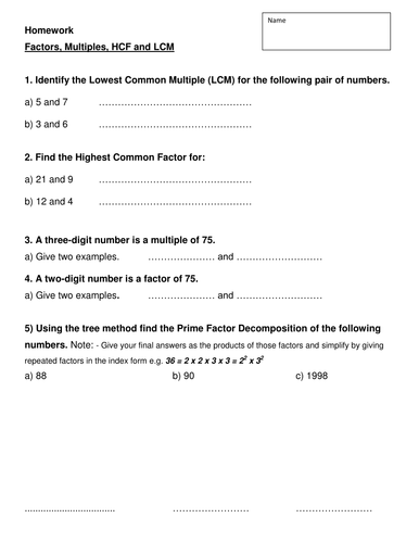 HCF and LCM Worksheet with Venn Diagrams