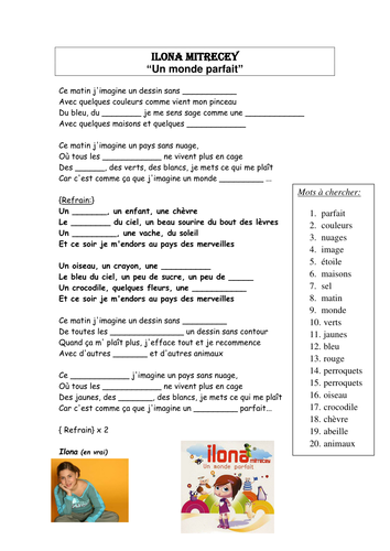 Lyrics Un Monde Parfait Gap filling exercise