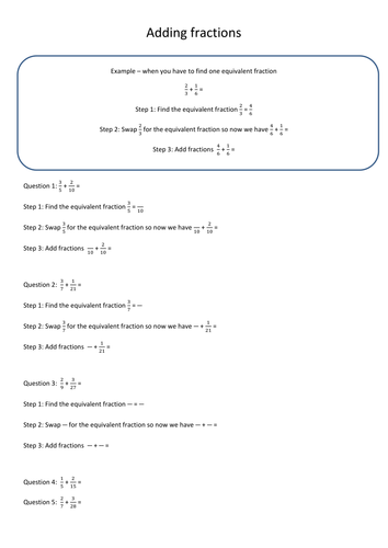 Adding fractions differentiated sheet