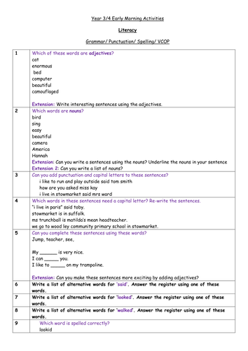 Early Morning VCOP/ Grammar work LKS2