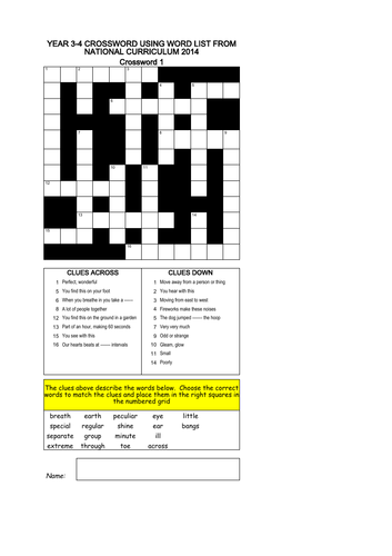YEAR 3-4 CROSSWORDS USING WORD LIST FROM NAT CURR
