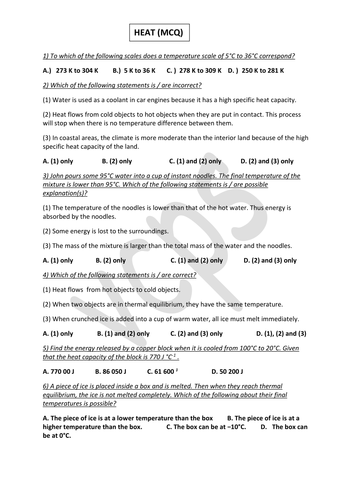 Heat objective test | Teaching Resources