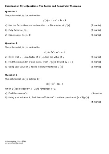Polynomials Examination Questions