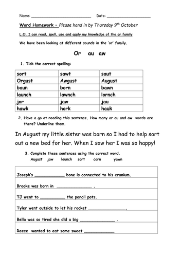 'or' Family Homework Activity Sheet 