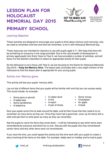 Holocaust Memorial Day 2015 - Primary lesson plan