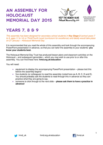 Assembly for KS3 for Holocaust Memorial Day 2015