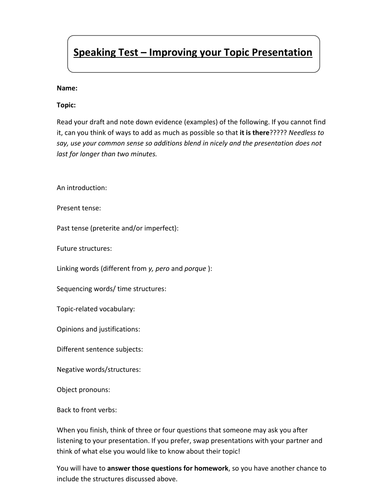 (I)GCSE Speaking Test - Improve your Presentation