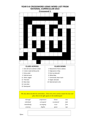 YEAR 5-6 CROSSWORDS USING WORD LIST FROM NAT CURR