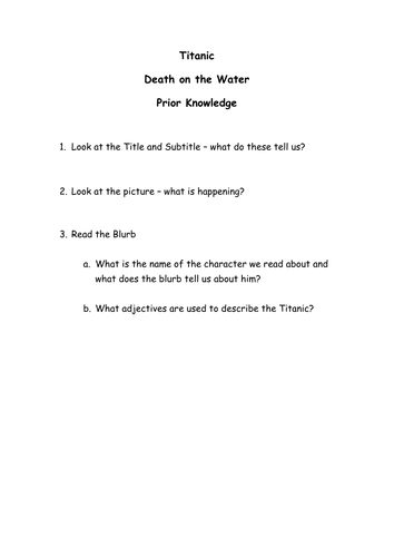 Titanic Death on the Water Novel Study Worksheets