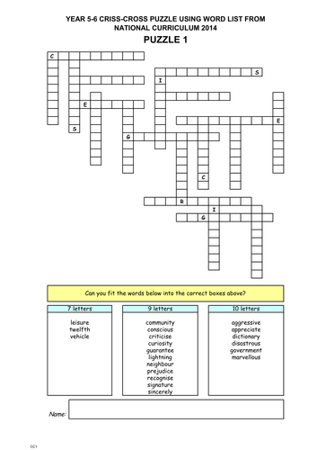 YEAR 5-6 PUZZLES USING WORD LIST FROM NAT CURR