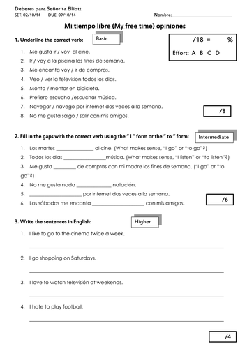 mi tiempo libre i infinitive practice opinions teaching resources tes