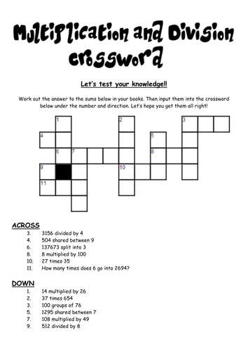 Multiplication and Division Crossword Teaching Resources