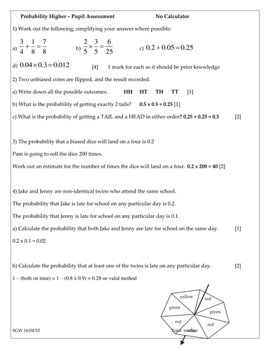 Probability Worksheet or Test | Teaching Resources
