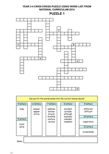 YEAR 3-4 PUZZLES USING WORD LIST FROM NAT CURR