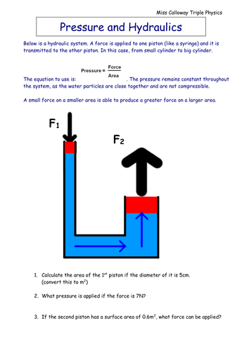 Pressure and hydraulics worksheet