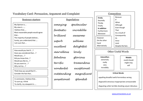 Persuasion, Argument, Complaint Vocabulary Card