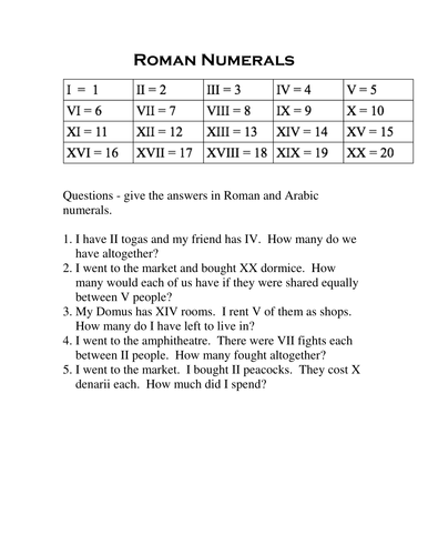 roman numerals problem solving year 5