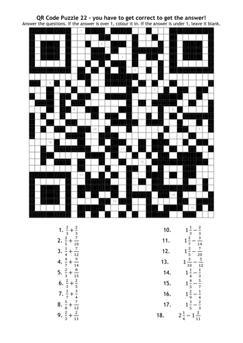 QR Code Puzzle 22 - Adding & Subtracting Fractions