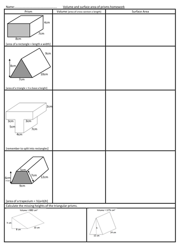 volume and surface area of prisms worksheet teaching