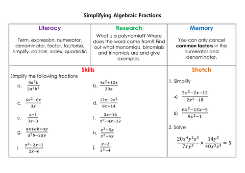 Simplifying Algebraic Fractions Homework