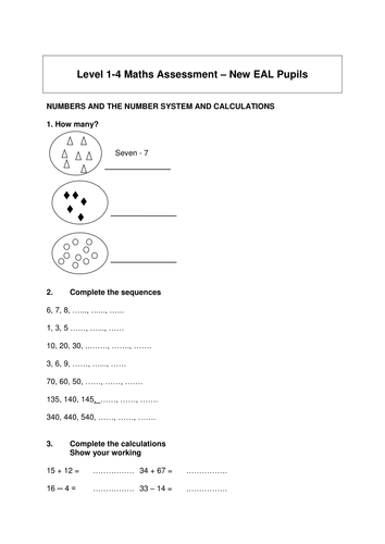 EAL Beginners Maths assesssment