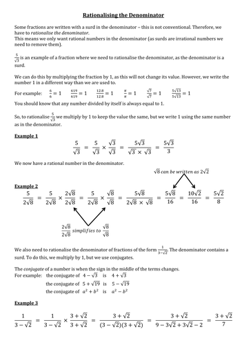 Rationalising denominators help sheet