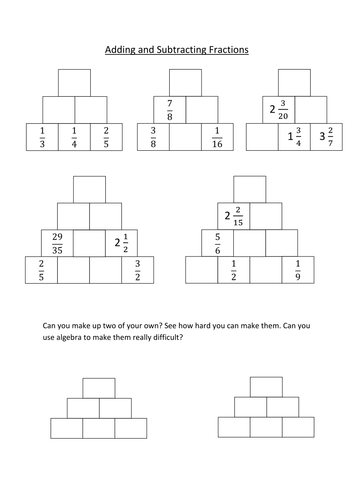 Fractions, adding and subtracting, number pyramids