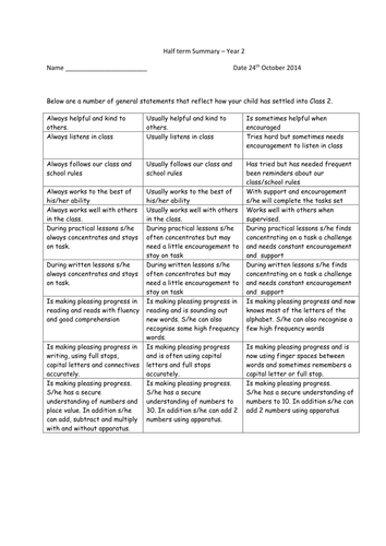 Autumn Assessment sheets for parents