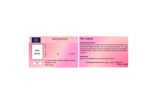 Pen Licence Template Teaching Resources