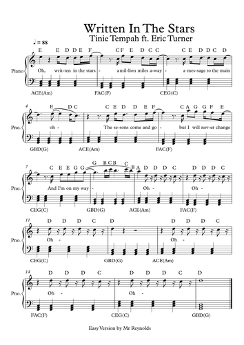 'Written In The Stars' by Tinie Tempah Easy Sheet Music