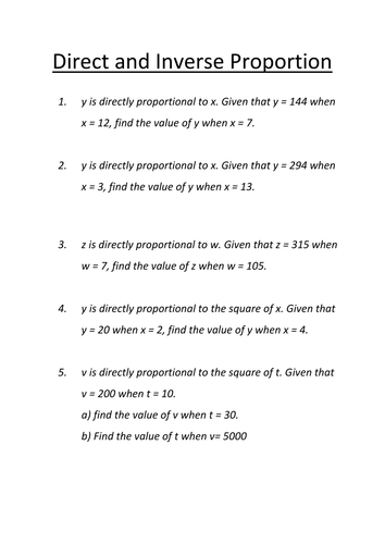 Direct Inverse Proportion Revision Worksheet Teaching Resources