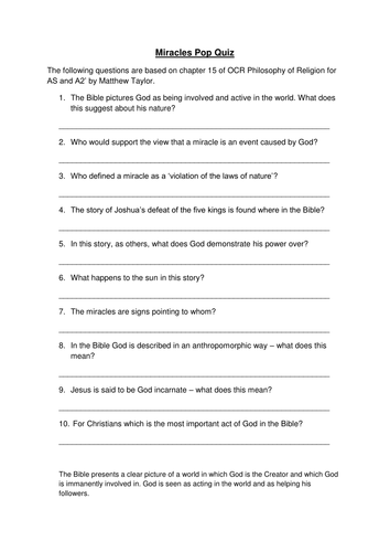 Miracles worksheet | Teaching Resources