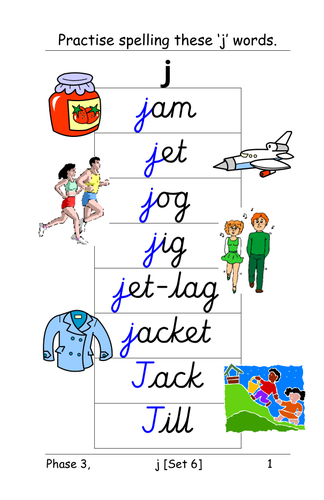 Phase 3: Set 6 - table cards for phonemes 'j', 'v', 'w' and 'x' - in joined-up or Sassoon font