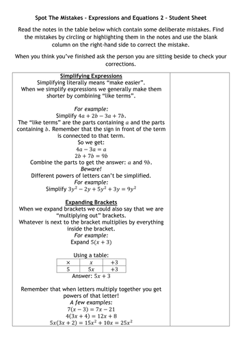 Spot The Mistakes - Expressions and Equations