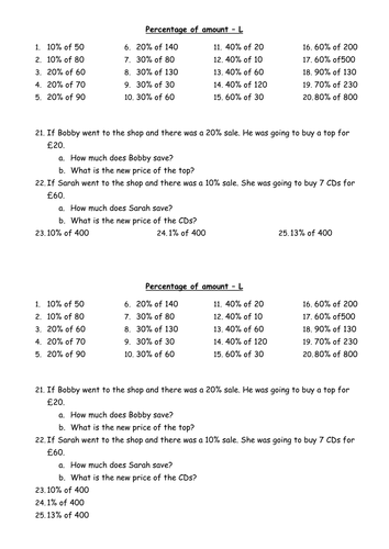 Percentage of amount worksheet by inara14 - Teaching Resources - Tes