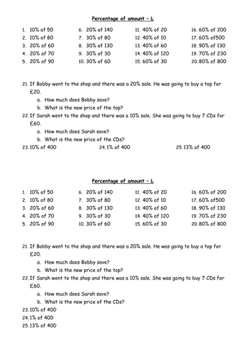 Percentages Of Numbers And Money Amounts Worksheets