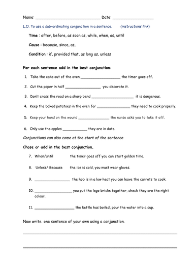 Subordinating Conjunctions Activities