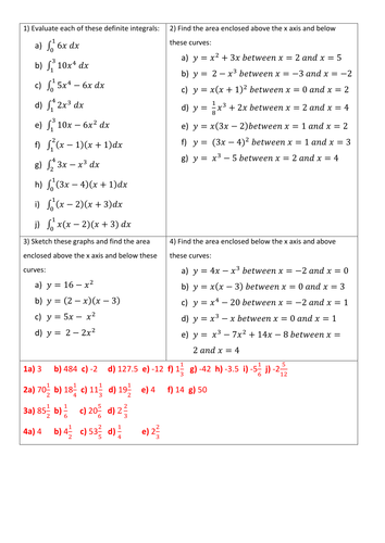 Integration to find area worksheet