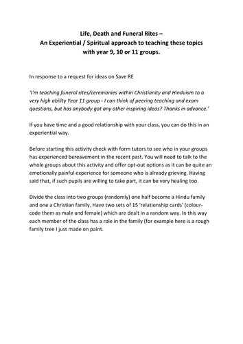 Life, Death + Funeral Rites experiential/spiritual