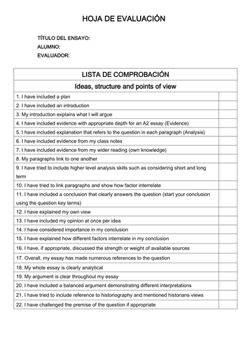 A2 Essay writing checklist and criteria